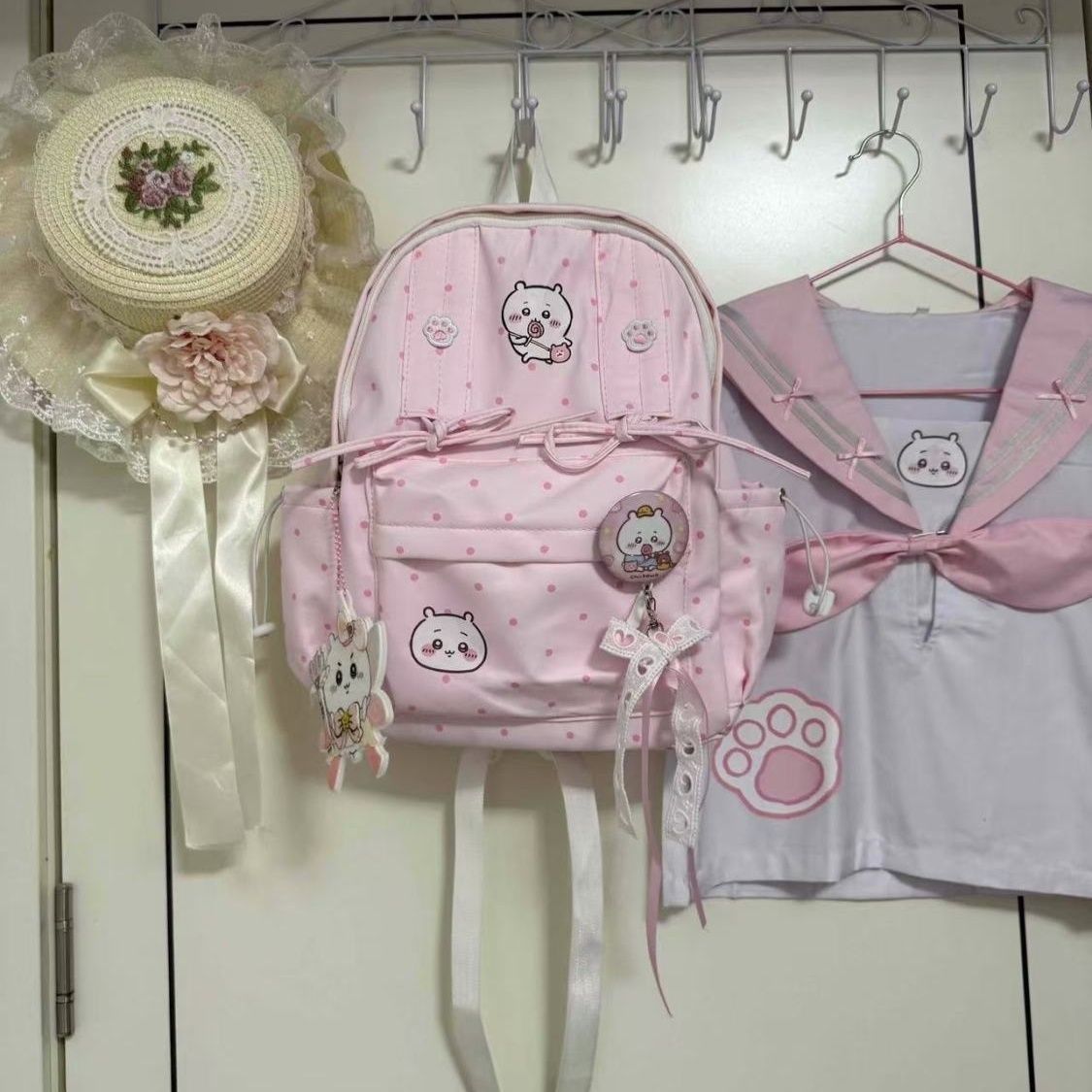 Travel Accessories Pink - Sevimli Chiikawa Pembe Puantiyeli Sırt Çantası